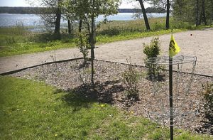 Fresbeegolfrata kiertää piha-aluetta.